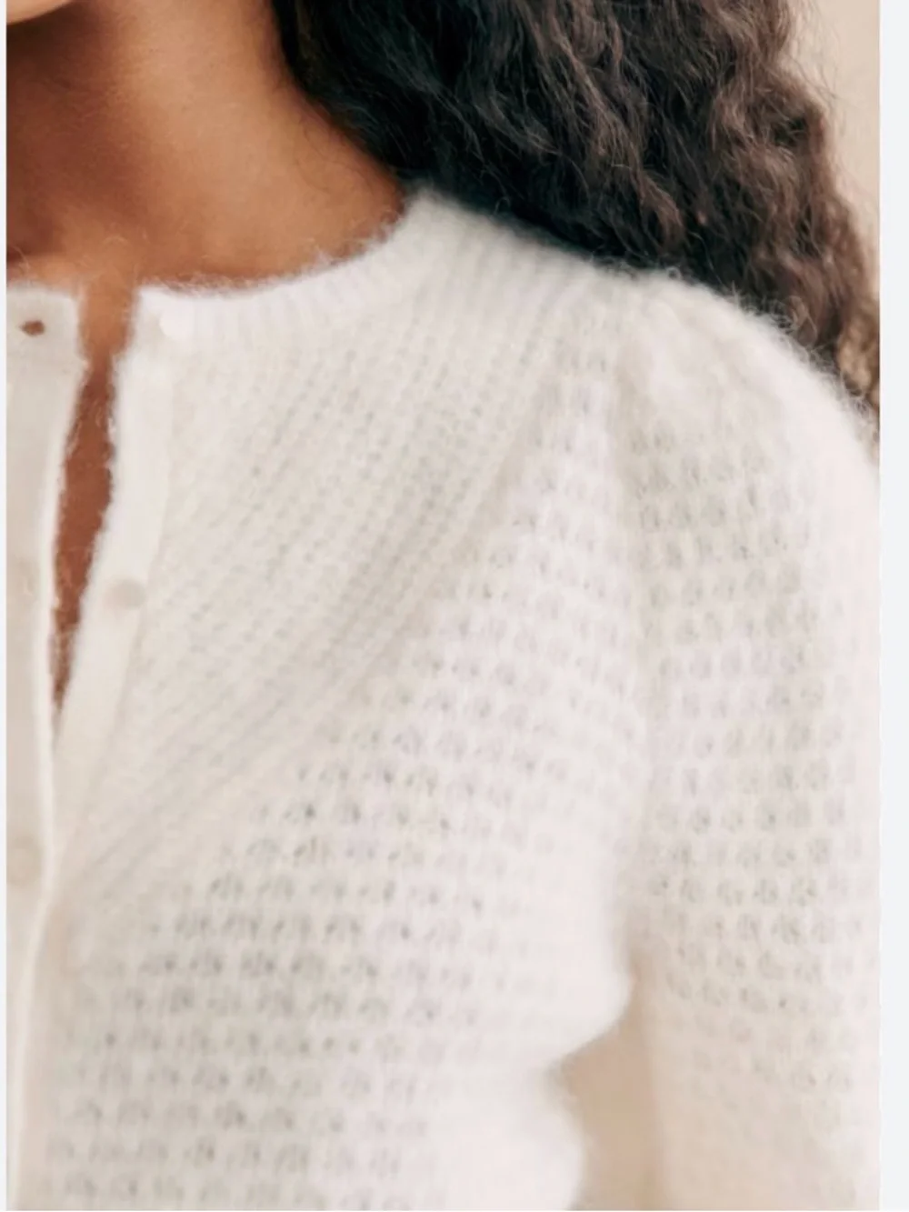 Sezane Solena Cardigan Sweater Kid Mohair Wool Ecru Large Fancy Knit Puff Sleeve - Picture 6 of 16